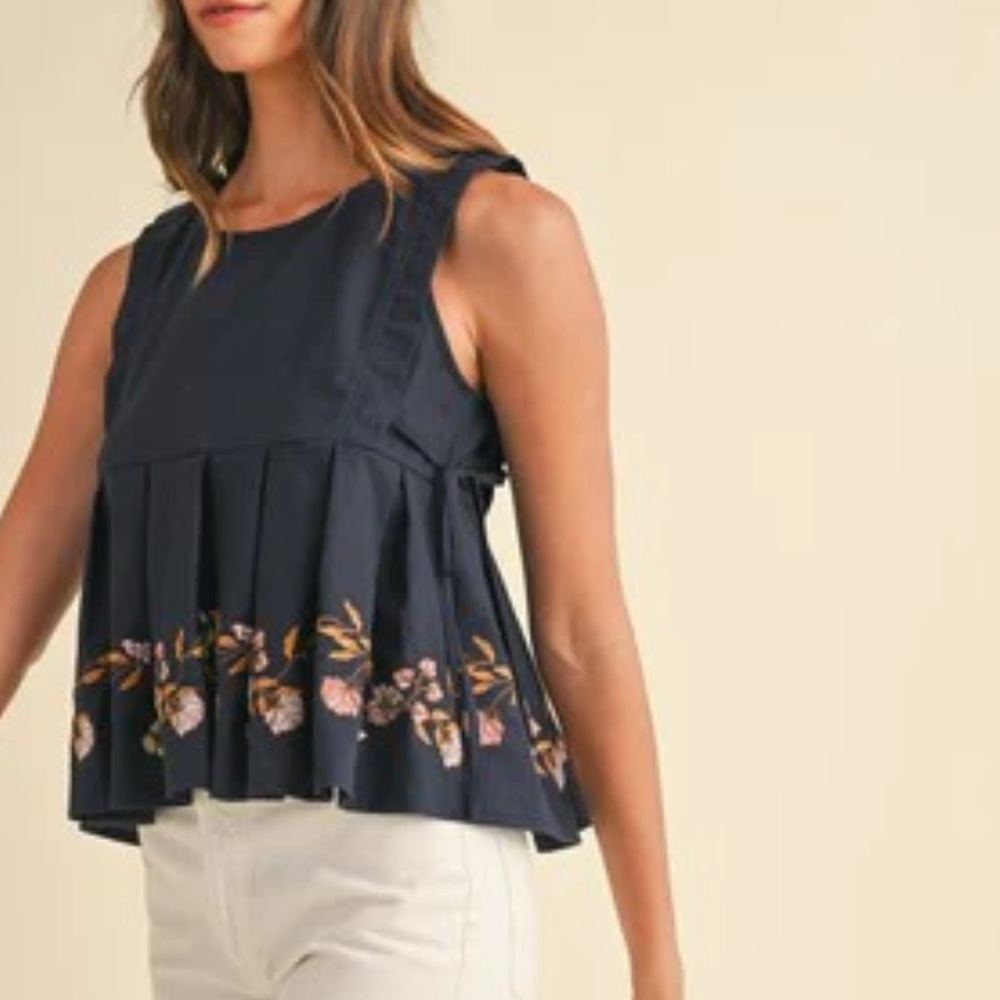 Mable Linen Blend Embroidered Sleeveless Pleated Peplum Top